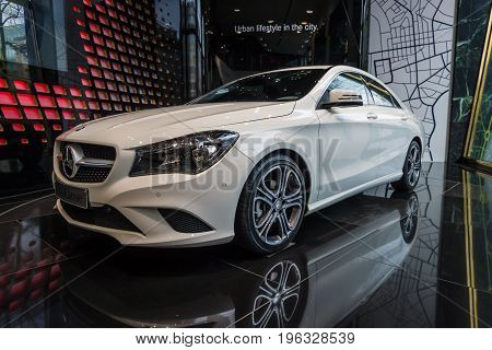 BERLIN - JANUARY 24 2015: Showroom. Compact executive car Mercedes-Benz CLA200. Produced since 2013.
