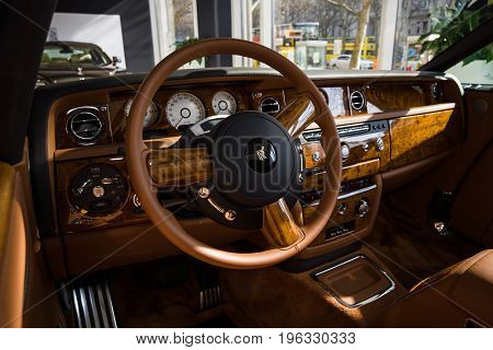 BERLIN - MARCH 08 2015: Showroom. Cabin of a luxury car Rolls-Royce Phantom Drophead Coupe. Rolls-Royce Motor Cars Limited global manufacturer of luxury cars.