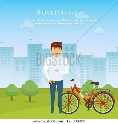 Modern cityscape and city life streets and the exterior of the facade. Urban landscape. Walk arround city. Cycling active lifestyle. Vector illustration isolated in cartoon style.
