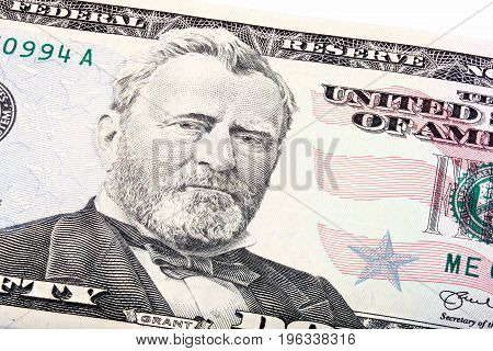 Stacked shot of a U.S. fifty 50 dollar bill close-up of Grant. Macro photo.
