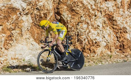 Col du Serre de TourreFrance - July 152016: The British cyclist Christopher Froome of Team Sky in Yellow Jersey is riding during an individual time trial stage in Ardeche Gorges on Col du Serre de Tourre during Tour de France 2016.