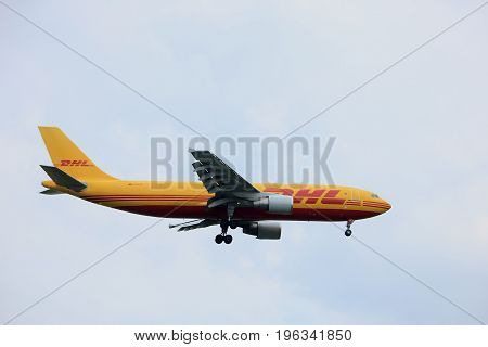 Amsterdam the Netherlands - July 20th 2017: D-AEAE EAT DHL Leipzig Airbus A300 approaching Schiphol Amsterdam Airport Polderbaan runway