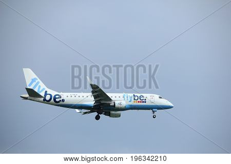 Amsterdam the Netherlands - July 20th 2017: G-FBJC Flybe Embraer ERJ-175STD approaching Schiphol Amsterdam Airport Polderbaan runway