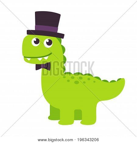Funny cartoon gentleman dinosaur with top hat and bow tie. Cute vector illustration.