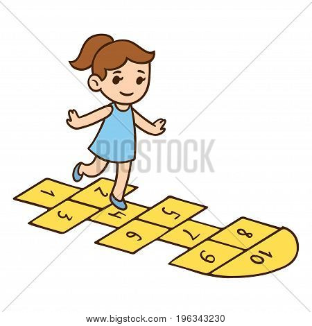 Cute little girl playing hopscotch. Cartoon child vector illustration.