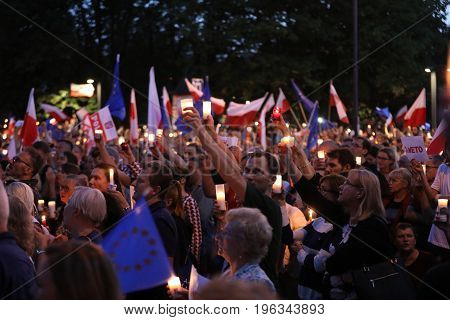 CRACOW POLAND - JUNE 21 2017: Thousands of government opponents protested in Cracow against new judicial reforms and future plans to change the Supreme Court. Cracow. Poland