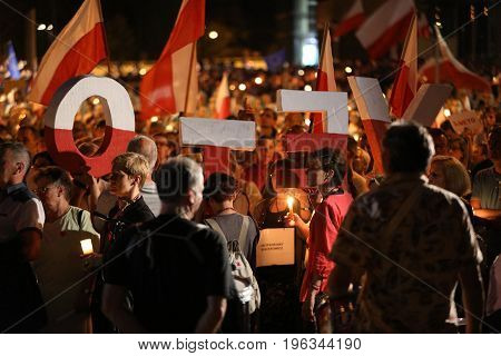 CRACOW POLAND - JULY 21 2017: Thousands of government opponents protested in Cracow against new judicial reforms and future plans to change the Supreme Court. Cracow. Poland