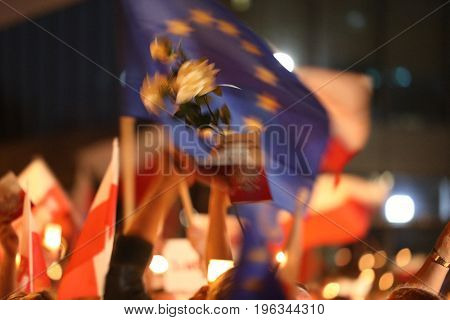 CRACOW POLAND - JULY 21 2017: Thousands of government opponents protested in Cracow against new judicial reforms and future plans to change the Supreme Court. Cracow. Poland