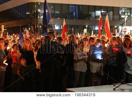 CRACOW POLAND - JULY 21 2017: Thousands of government opponents protested in Cracow against new judicial reforms and future plans to change the Supreme Court. Cracow. Poland