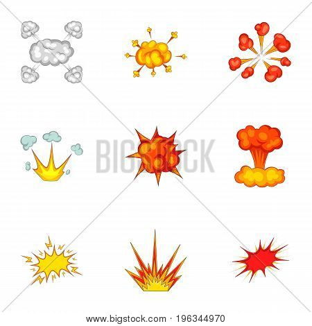 Variously shaped firework explosion icons set. Cartoon set of 9 variously shaped firework explosion vector icons for web isolated on white background
