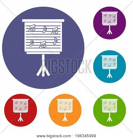 Whiteboard with music notes icons set in flat circle red, blue and green color for web