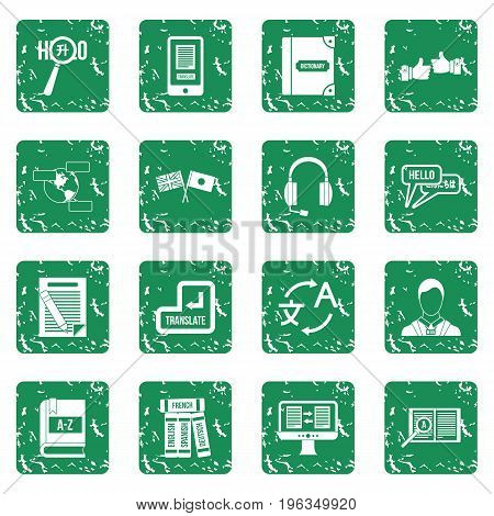 Learning foreign languages icons set in grunge style green isolated vector illustration