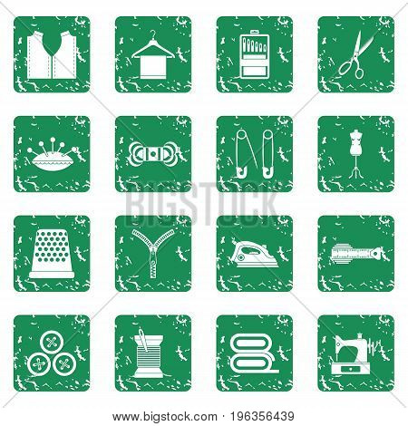 Sewing icons set in grunge style green isolated vector illustration