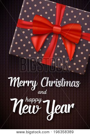 Illustration of Vector Marry Christmass Greeting Card. Realistic Gift Box with Red Ribbon on Kneeted Pattern Background