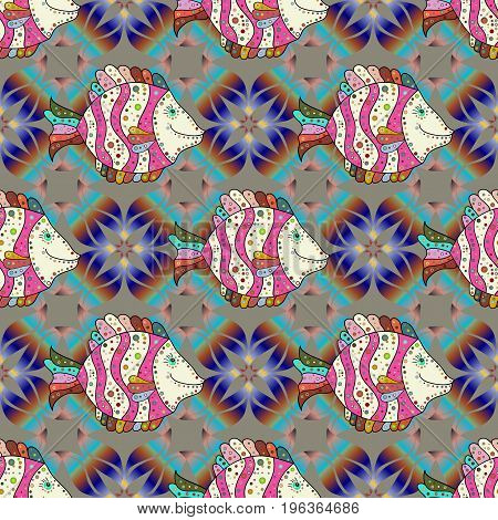 Sea Fish On Colored Background. Vector Background With Fishes And Flower Petals Seamless Pattern. Ve