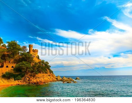 Lloret de Mar Castell Plaja at Sa Caleta beach in costa Brava of Catalonia Spain