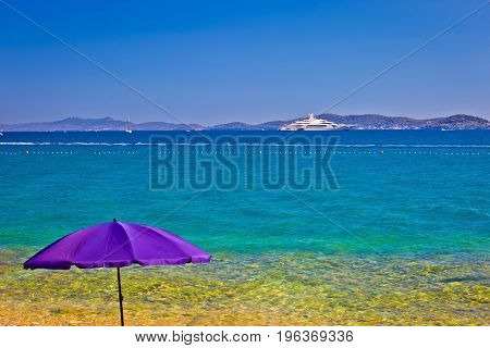 Adriatic Beach In Zadar With Megayacht Background