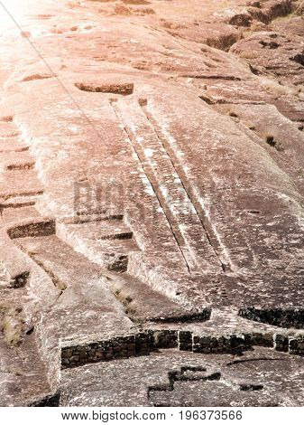 El Fuerte de Samaipata. Close-up view of mystical rock carvings in Pre-Columbian archaeological site, Bolivia, South America. UNESCO World Heritage Site.