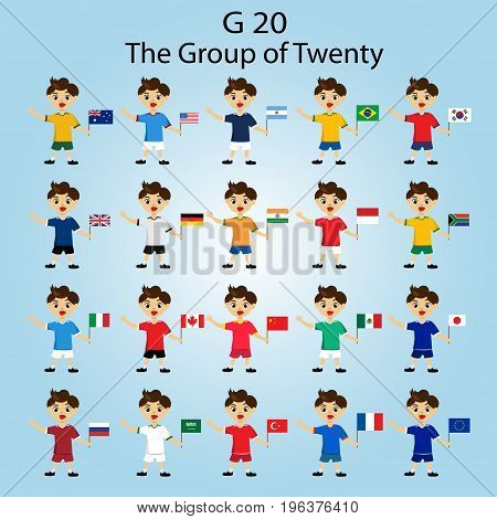 Vector illustration of G-20 countries flags.The Group of Twenty the World's Leading 20 Economies.Banner for Summit financial and economic international forum.Infographic design image.Boys with flags