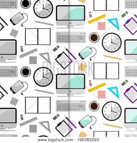 Vector illustration set of seamless pattern background with school supplies. Pen pencil ruler paper brush textbook notebook in flat design style. In gray and color color.