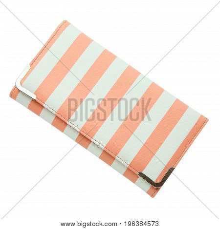 Stylish women's purse pink striped isolated on the white background. Close up of modern pink leather wallet over white background. Top view on the wallet.