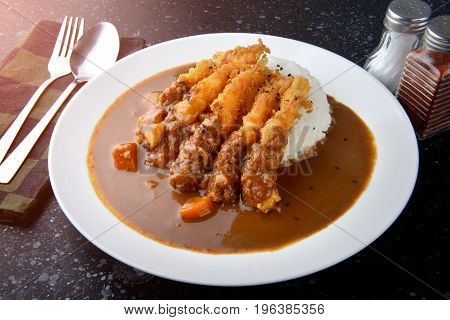 Rice With Deep Fried Shrimp And Curry.