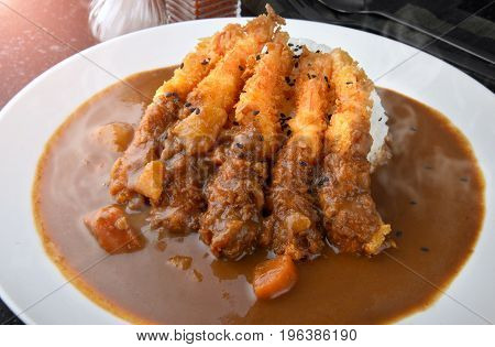 Rice With Deep Fried Shrimp And Curry.