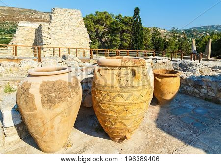Clay jars at the Palace of Knossos, Crete, Greece. Knossos Palace is the largest Bronze Age archaeological site on Crete and is considered Europe's oldest city,