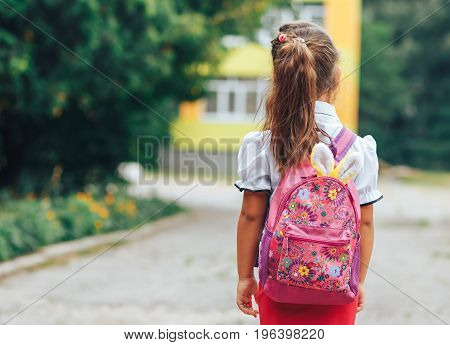 A little girl goes to school with her favorite toy in her backpack. The girl first class