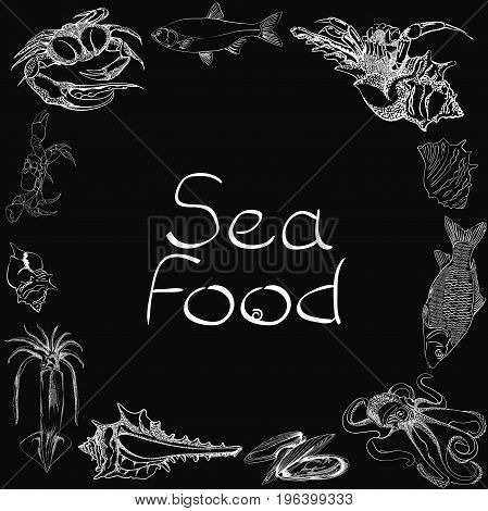 Hand drawn Seafood set. Octopus, fish, oysters, crab, shellfish and mussels. Vector illustration in old ink style.