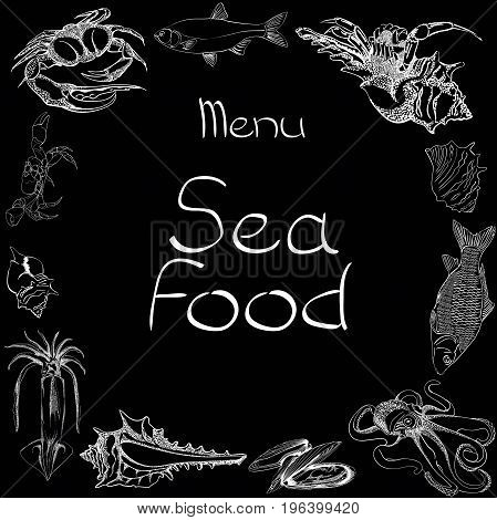 Hand drawn Seafood set. Octopus, fish, oysters, crab, shellfish and mussels. Vector illustration in old ink style.