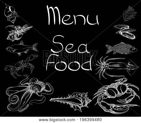 Hand drawn Seafood set. Octopus, fish, oysters, crab, shellfish and mussels. Vector illustration in old ink style.