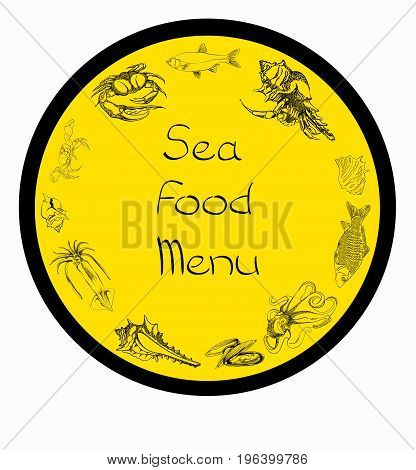 Hand drawn Seafood set. Octopus, fish, oysters, crab, shellfish and mussels. Vector illustration in old ink style.