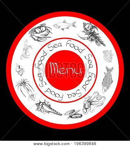 Hand drawn Seafood set. Octopus, fish, oysters, crab, shellfish and mussels. Vector illustration in old ink style.
