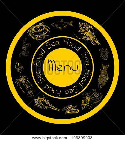 Hand drawn Seafood set. Octopus, fish, oysters, crab, shellfish and mussels. Vector illustration in old ink style.