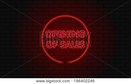Neon Sign Open Sale In A Circle On Brick Wall Background.