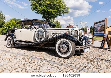 FRYDAVA Czech Republic - 18 July 2017. Bugatti Beauford car on the stone road in willage Frydava South Bohemia. Luxury historical car special edition