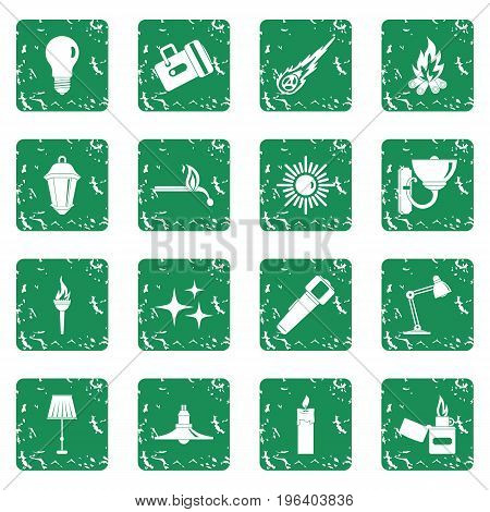 Light source symbols icons set in grunge style green isolated vector illustration
