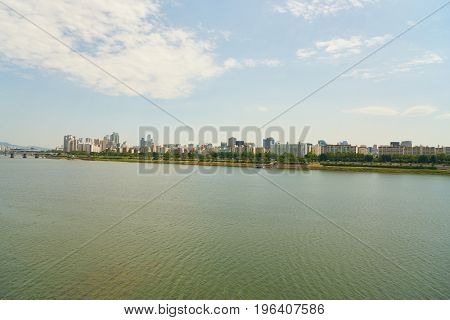 SEOUL, SOUTH KOREA - CIRCA JUNE, 2017: view of Han River in Seoul. The Han River or Hangang is a major river in South Korea.