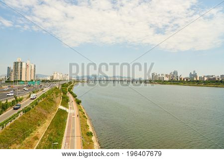 SEOUL, SOUTH KOREA - CIRCA JUNE, 2017: view of Han River in Seoul. The Han River or Hangang is a major river in South Korea.