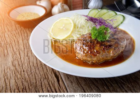 Japanese Style Hamberger Or Hamberg Serve With Gravy Sauce.