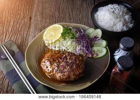 Japanese Style Hamberger Or Hamberg Serve With Gravy Sauce.