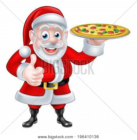 Cartoon Santa Claus holding a pizza and giving a thumbs up