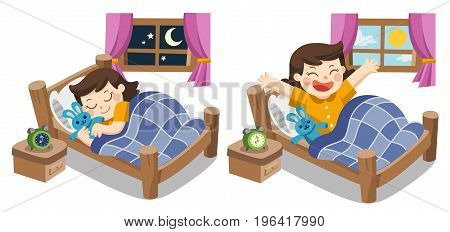 Isolated vector. A Little girl sleeping on tonight good night sweet dreams. and she wake up in the morning.