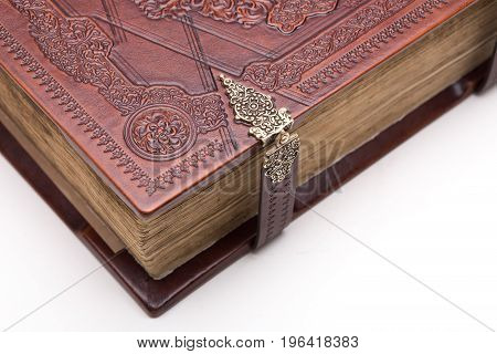 Old Grunge Book With Leather Cover Isolated On White
