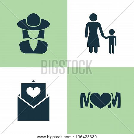 Mothers Day Icon Design Concept. Set Of 4 Such Elements As Hat, Madame And Letter