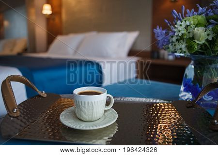 Hot coffee in the morning in the hotel