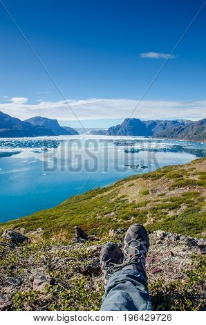 Resting with views of glacier at the back Greenland