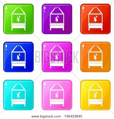 Blacksmith oven with flame fire icons of 9 color set isolated vector illustration