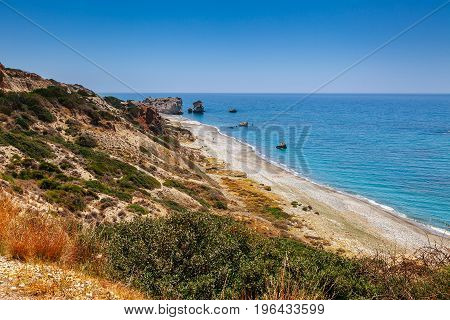 Panoramic Sunset Landscape Of Petra Tou Romiou (the Rock Of The Greek), Aphrodite's Legendary Birthp